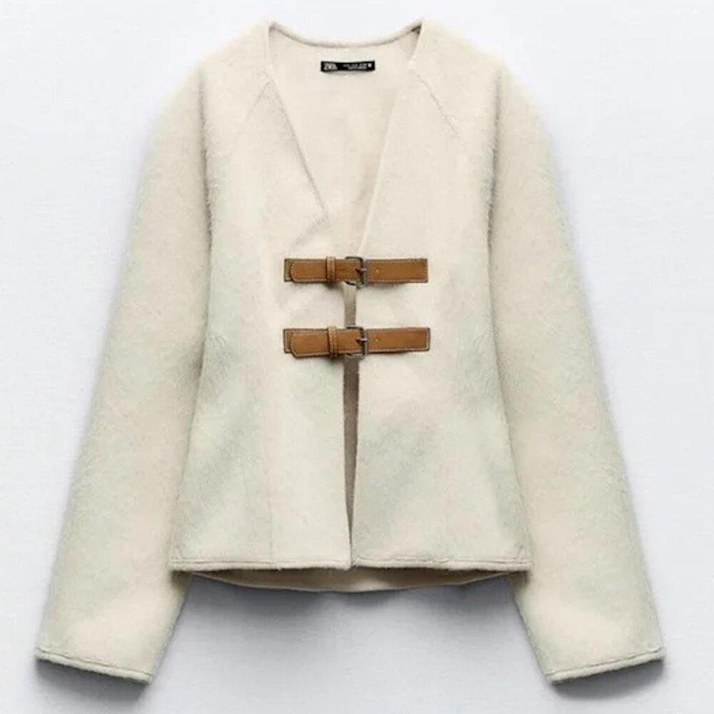 Zara Cream Toggle-Front Jacket with Tan Leather Straps